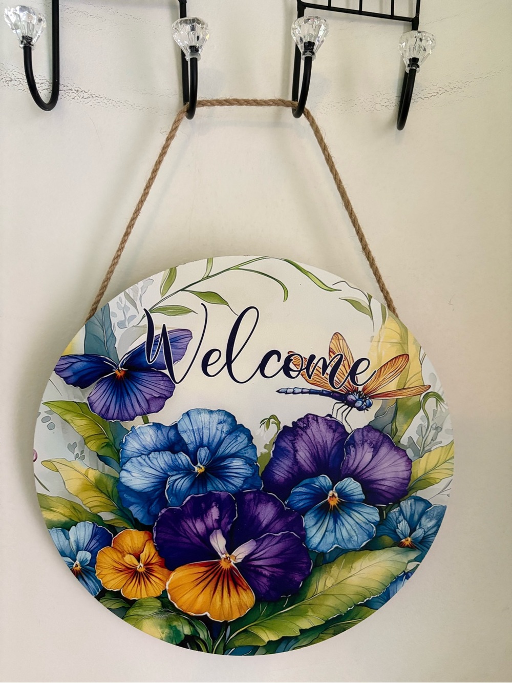 Welcome NWT Floral Wall Sign - Purple & Blue Pansies. Ready to hang. Size 12”